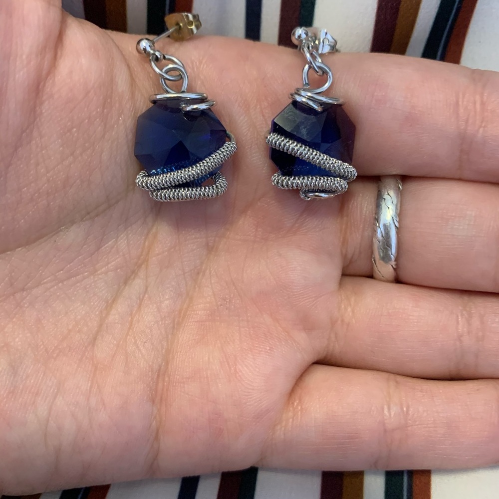 Silver Wrapped Blue Jewel Earrings